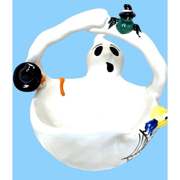 3D Halloween Ghost Ceramic Basket Serving Bowl Candy Dish Spider Web Lizard READ - Picture 1 of 8